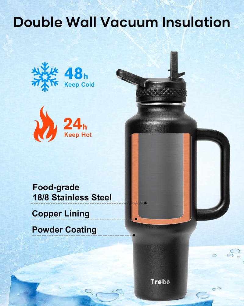 Trebo 40 oz Water Bottle Insulated Fit Car Cup Holder with Handle Stainless Steel Water Bottles Tumbler with Spout Straw Lids Double Wall Travel Reusable Flask Leakproof MugKeep Cold HotBlack - Image 3