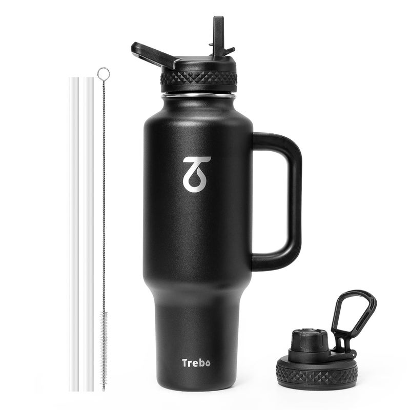 Trebo 40 oz Water Bottle Insulated Fit Car Cup Holder with Handle Stainless Steel Water Bottles Tumbler with Spout Straw Lids Double Wall Travel Reusable Flask Leakproof MugKeep Cold HotBlack - Image 1