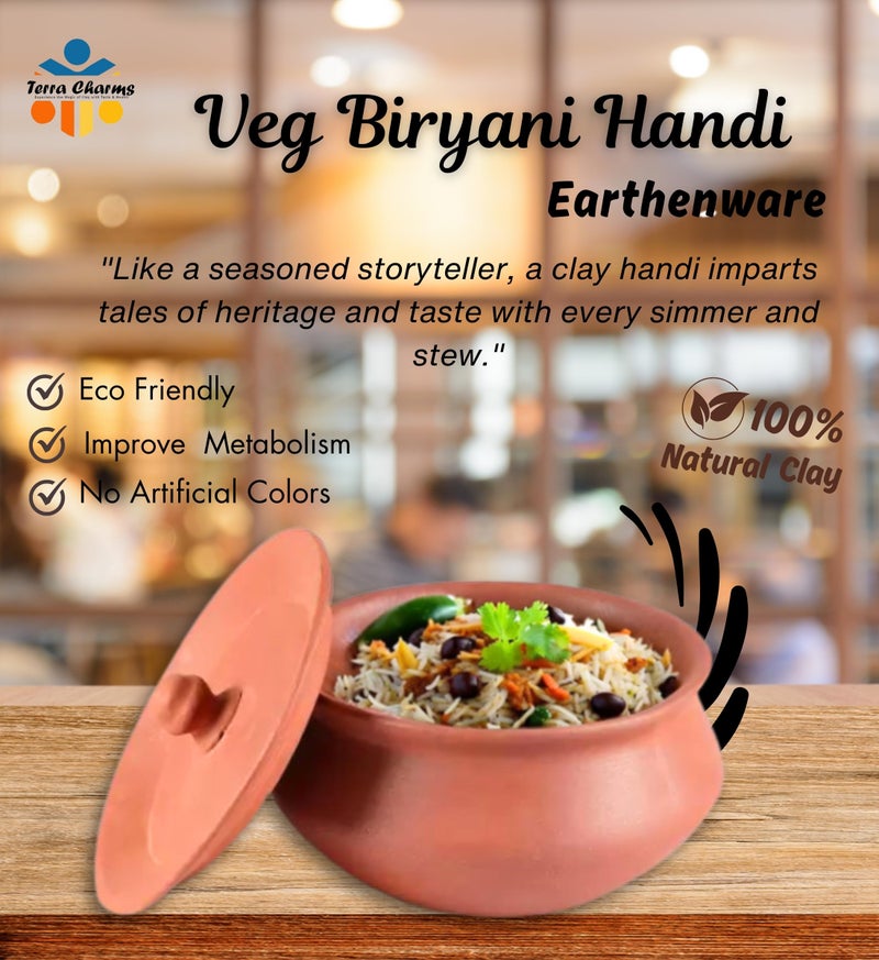 Terra Charms Terracotta Clay Pot & Serving Pot Hand Craft Handi for Making Veg Biryani Taste for Healthy Naturelly Food Fitness Light Weight Curd Bowl for Cooking,1L Capacity - Image 2