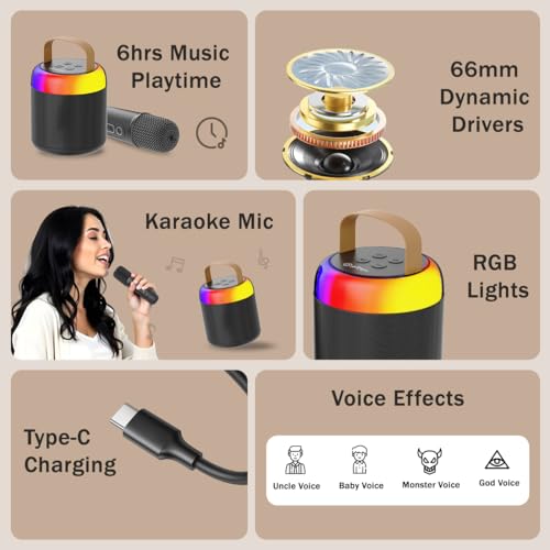 pTron Newly Launched Fusion Bliss 16W Bluetooth Speaker with Wireless Karaoke Mic, 6Hrs Playtime, Vibrant RGB Lights, Voice Effects, Multi-Play Modes BT5.3/TF Card & Type-C Charging Port (Black) - Image 2