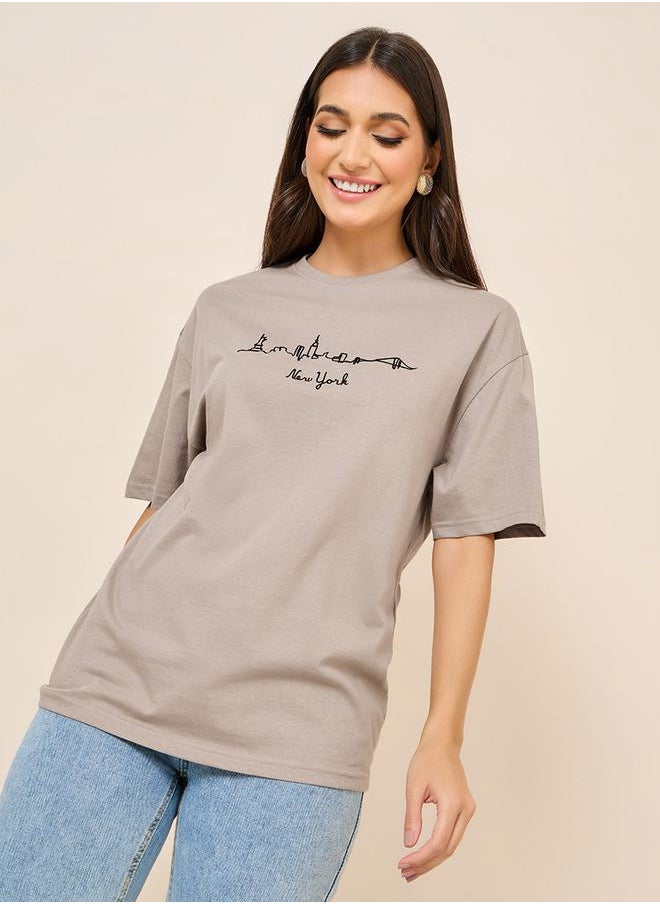 Styli Oversized Cotton Embroidered New York Longline T-Shirt  - Image 1