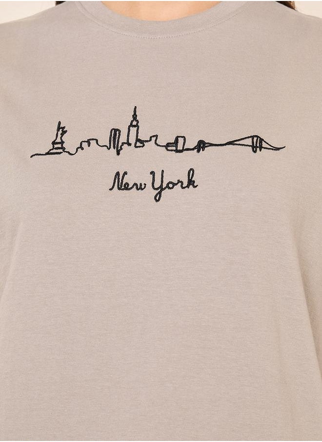 Styli Oversized Cotton Embroidered New York Longline T-Shirt  - Image 3