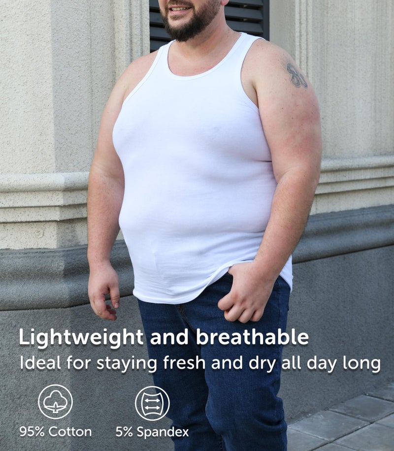 Comfneat Men's 4-Pack Big & Tall Tight Fit A-Shirts Tank Tops Sleeveless Undershirts Stretchy Cotton Spandex Base Layers (White 4-Pack, 5XL) - Image 2
