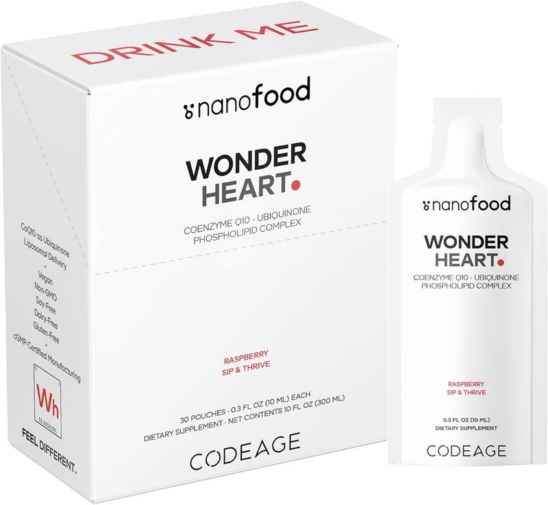 Codeage Wonder Heart Liquid CoQ10 Liposomal Ubiquinone Supplement Coenzyme Q10 Heart Vitamins NonGMO Sunflower Phosphatidylcholine Vegan Blend Raspberry Flavored Softgel Pack of 30 Pouches - Image 1