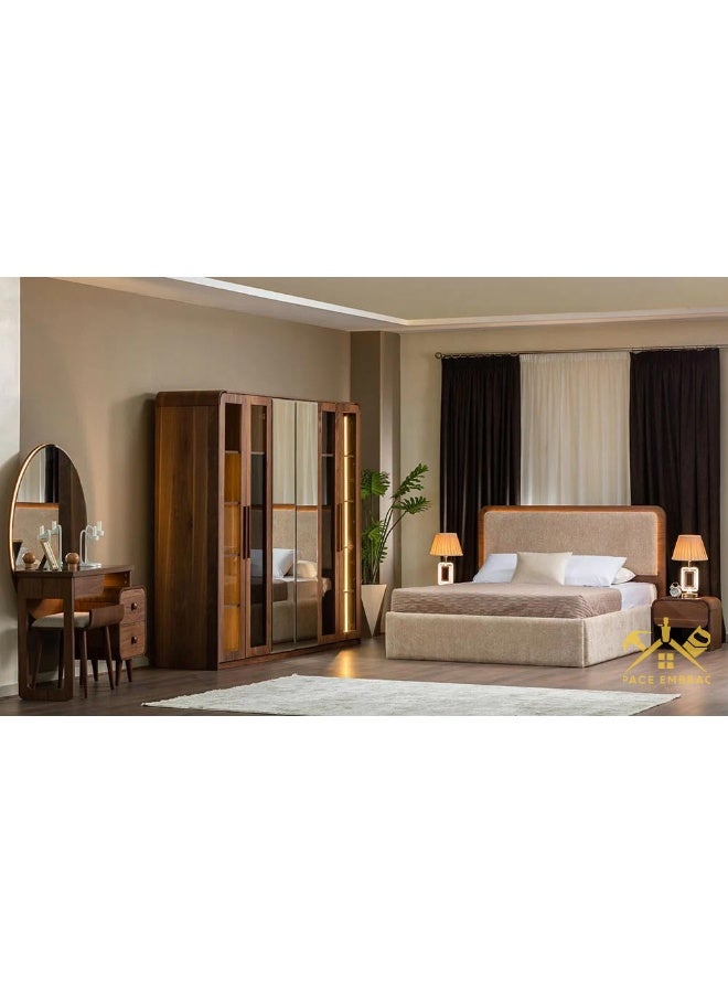 Modern 6-Piece Bedroom Furniture Set, Walnut Veneer, Bed, Wardrobe, Dressing Table with Mirror