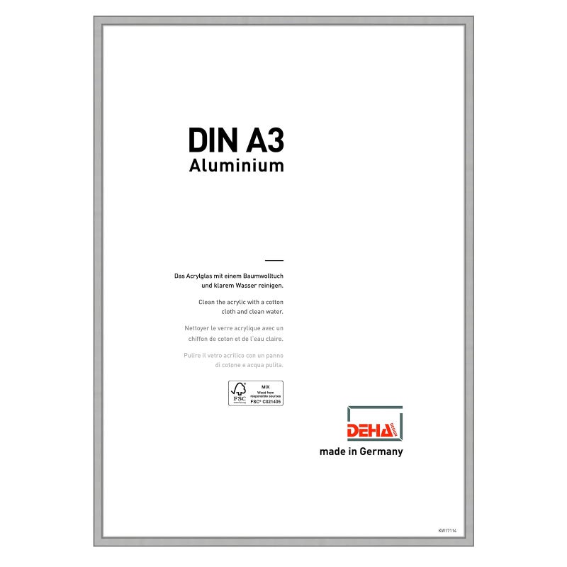DEHA Design Boston Aluminium Picture Frame Frosted Silver A3 297x42cm with Push and Turn Clips