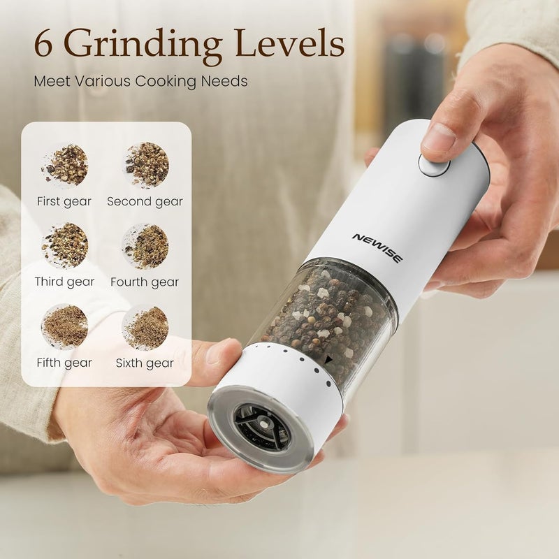 Newise Rechargeable Electric Salt and Pepper Grinder Set, Adjustable Coarseness & LED Light, Stainless Steel Battery-Free Mill, Large Capacity, Gift Idea for Cooking - Black/White - Image 2