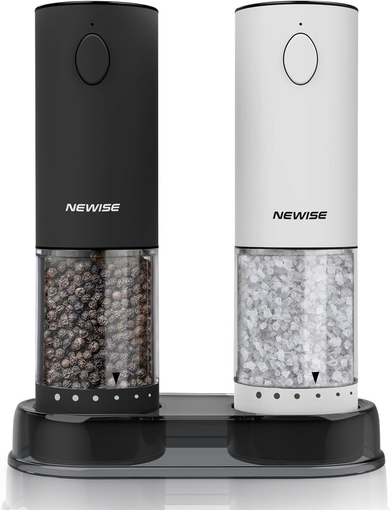 Newise Rechargeable Electric Salt and Pepper Grinder Set, Adjustable Coarseness & LED Light, Stainless Steel Battery-Free Mill, Large Capacity, Gift Idea for Cooking - Black/White - Image 1