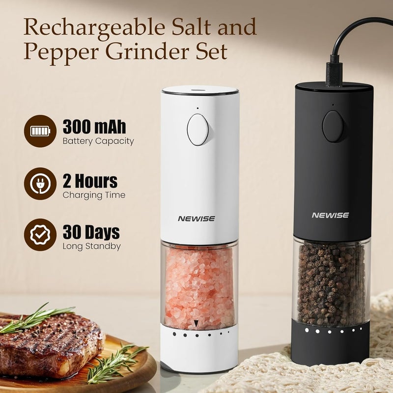 Newise Rechargeable Electric Salt and Pepper Grinder Set, Adjustable Coarseness & LED Light, Stainless Steel Battery-Free Mill, Large Capacity, Gift Idea for Cooking - Black/White - Image 4
