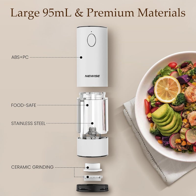 Newise Rechargeable Electric Salt and Pepper Grinder Set, Adjustable Coarseness & LED Light, Stainless Steel Battery-Free Mill, Large Capacity, Gift Idea for Cooking - Black/White - Image 5