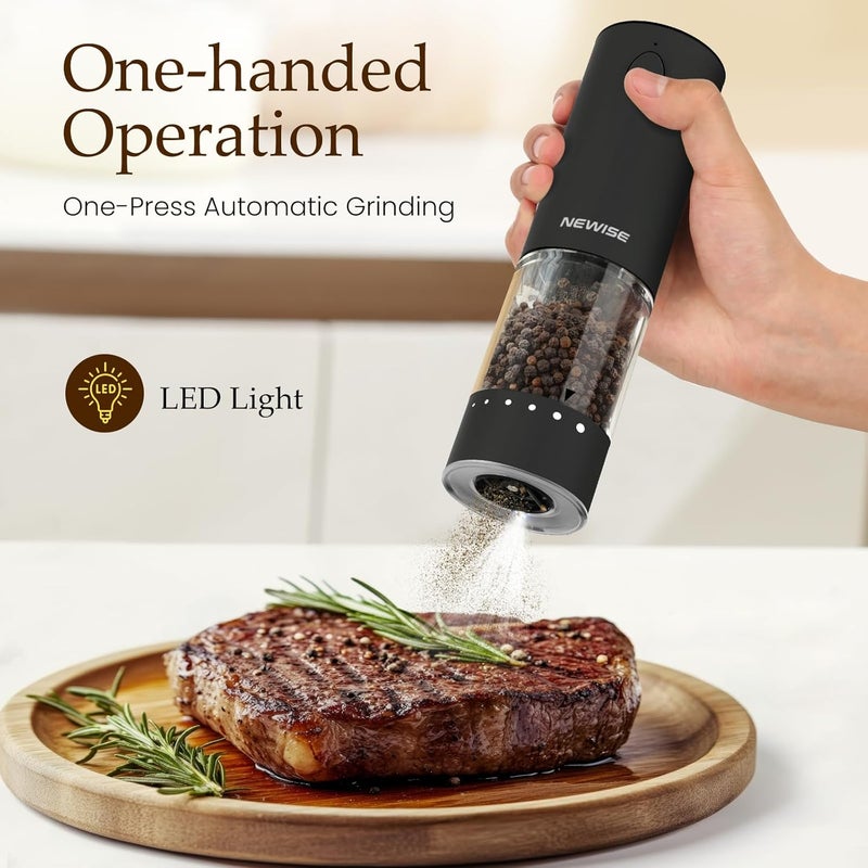 Newise Rechargeable Electric Salt and Pepper Grinder Set, Adjustable Coarseness & LED Light, Stainless Steel Battery-Free Mill, Large Capacity, Gift Idea for Cooking - Black/White - Image 3