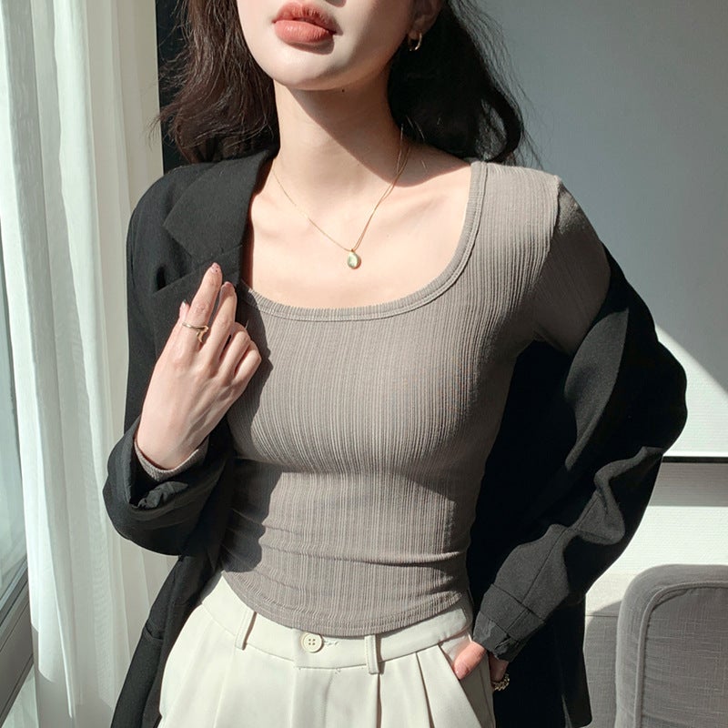 H233 بث مباشر جديد كبير U-Neck تي شيرت النساء أسفل قميص الأكمام الطويلة أعلى طوق منخفض الداخلية رقيقة النساء أسلوب الربيع - Image 4