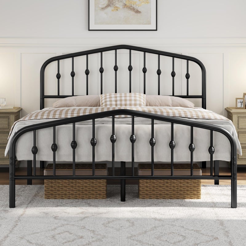 Yaheetech Queen Bed Frames Metal Platform Bed with Victorian Style Wrought Iron Headboard and FootboardEasy AssemblyNo Box Spring NeededBlack Queen Bed
