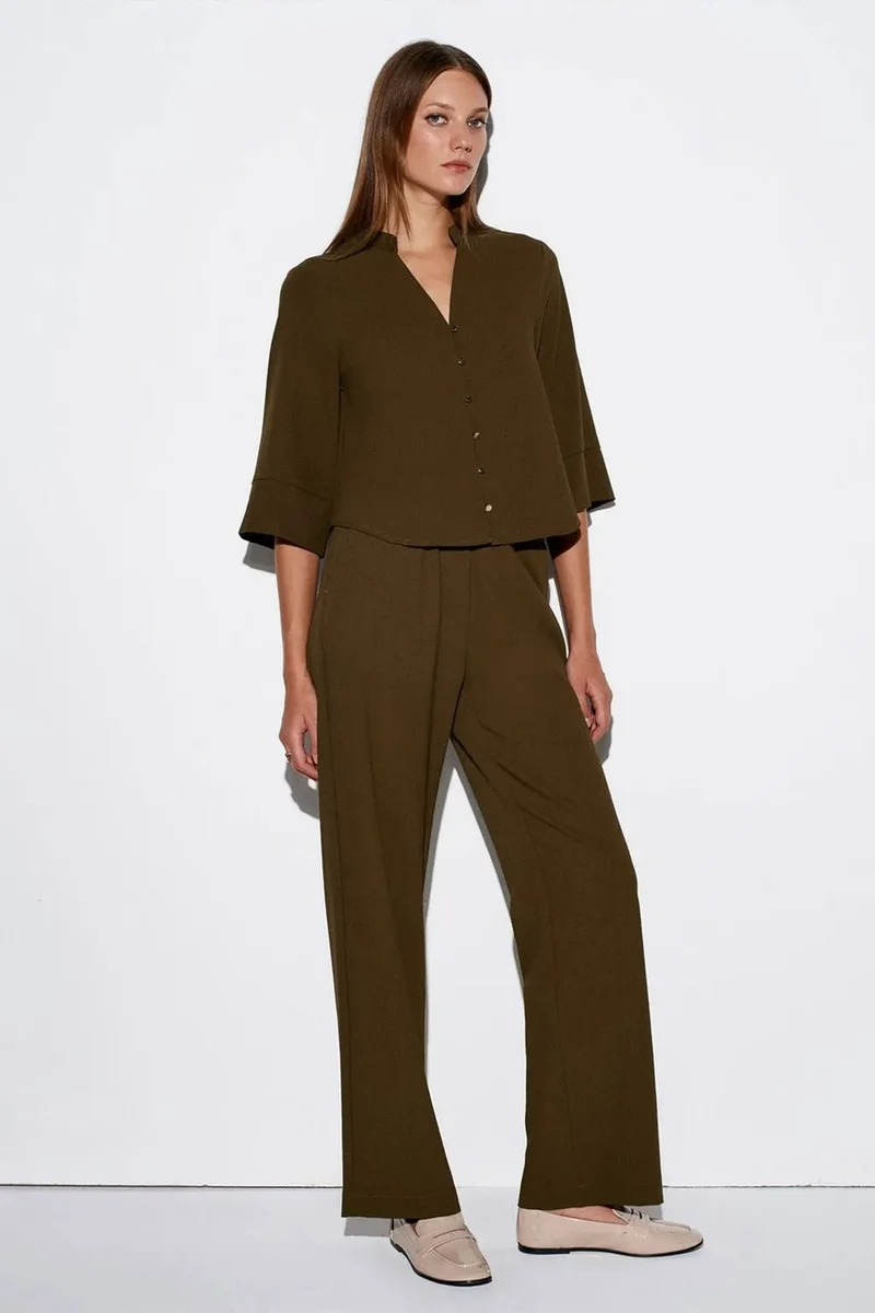 Dilvin Olive Green DILVIN Women’s Mandarin Collar Crepe Blouse for Women | Best Price UAE