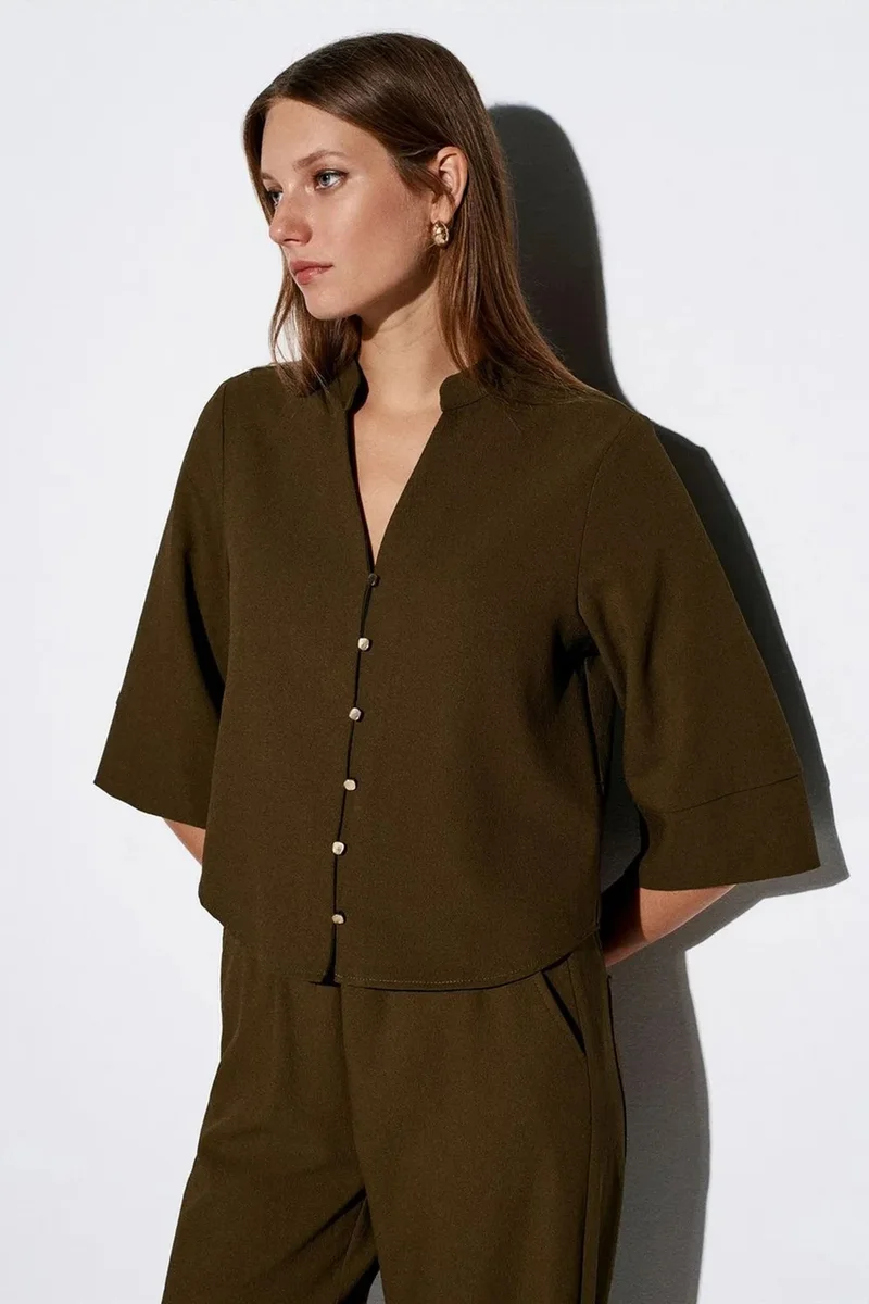Dilvin Olive Green DILVIN Women’s Mandarin Collar Crepe Blouse for Women | Best Price UAE