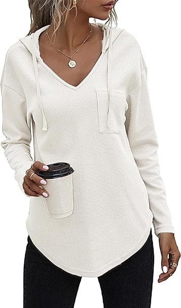 Womens V-Neck Hoodie Waffle Knit Sweatshirt with Pockets White 