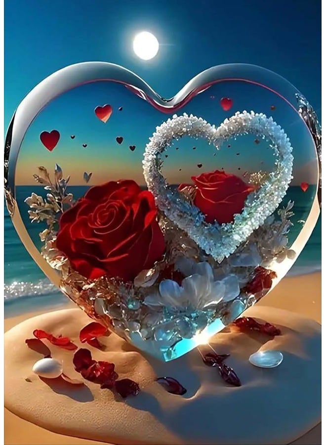 KINPLUB 5D Diamond Painting Kits for Adults, Roses in Love Beach Diamond Art Kits for Adults Beginners, DIY Full Drill Paint with Round Diamond Dots, Home Wall Decor 12x16 Inch - Image 1