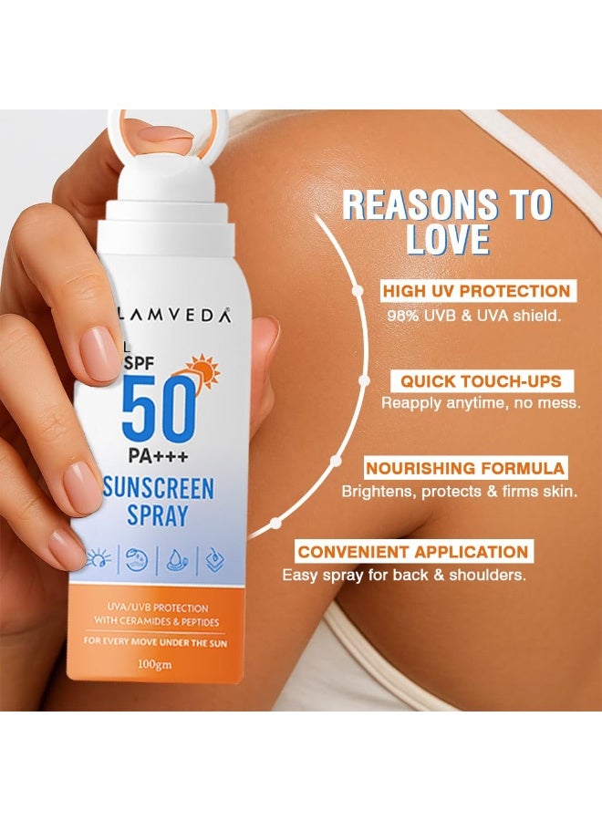 جلامفيدا بخاخ واقٍ من الشمس لجسم Glamveda بمعامل حماية SPF 50 PA+++ | حماية واسعة النطاق من أشعة UVA/UVB والضوء الأزرق | مع السيراميدات والببتيدات والنياسيناميد | سريع الامتصاص، مقاوم للماء، بدون أثر أبيض | للرجال والنساء | 100 جرام - Image 3