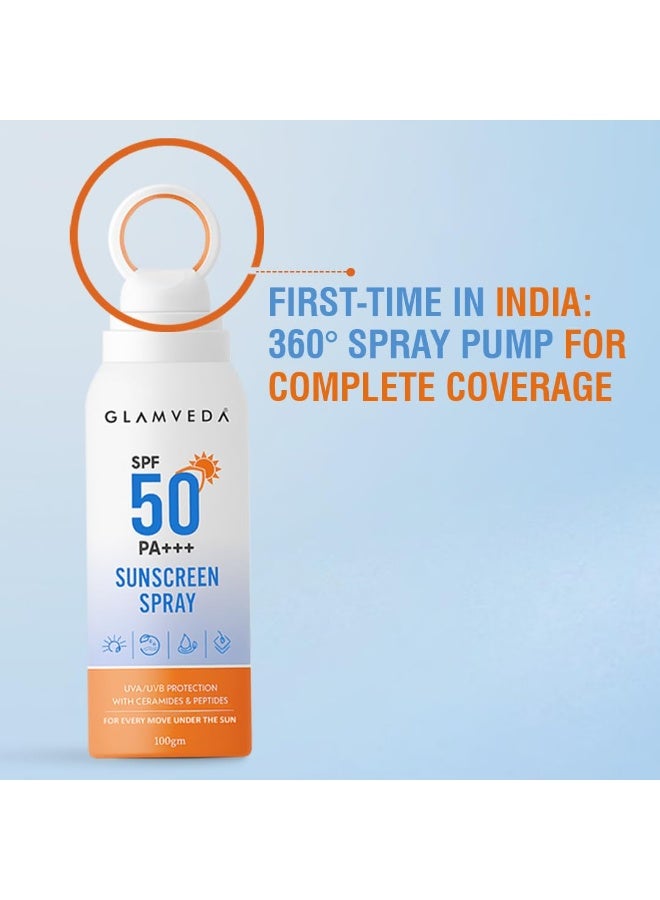 جلامفيدا بخاخ واقٍ من الشمس لجسم Glamveda بمعامل حماية SPF 50 PA+++ | حماية واسعة النطاق من أشعة UVA/UVB والضوء الأزرق | مع السيراميدات والببتيدات والنياسيناميد | سريع الامتصاص، مقاوم للماء، بدون أثر أبيض | للرجال والنساء | 100 جرام - Image 1
