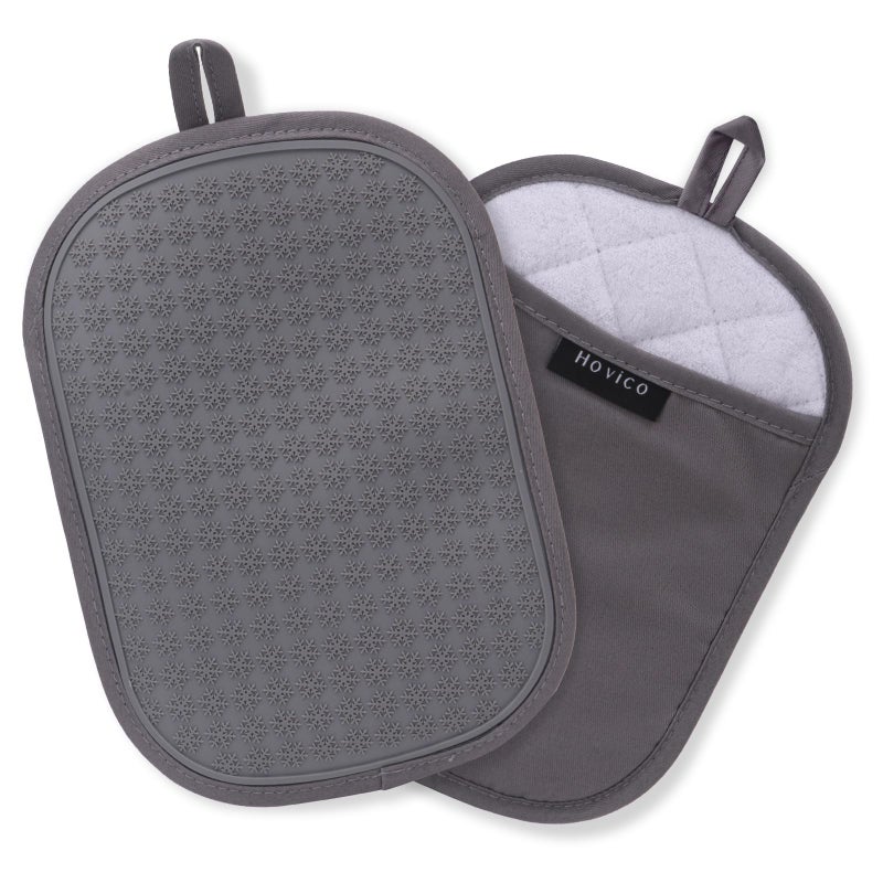 Hovico 2PCS Silicone Pot Holders, Oven Mitts Heat Resistant Hot Pads with Pockets, Non Slip Pot Holder for Kitchen Baking and Cooking| 9.8 x 7 Inches | Towel Cloth Interior Lining - Gray - Image 1