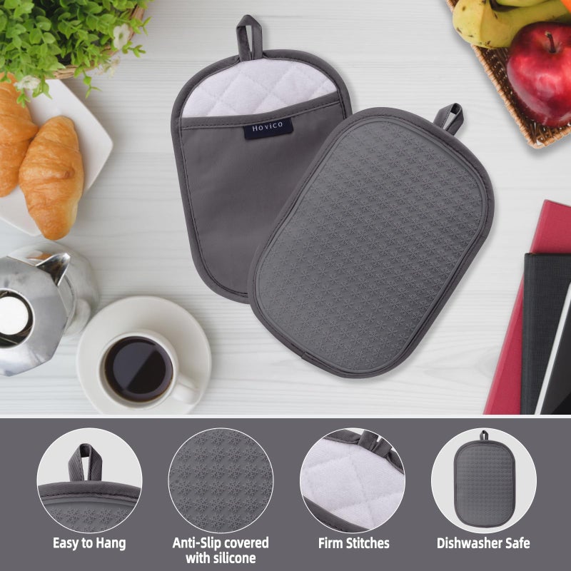 Hovico 2PCS Silicone Pot Holders, Oven Mitts Heat Resistant Hot Pads with Pockets, Non Slip Pot Holder for Kitchen Baking and Cooking| 9.8 x 7 Inches | Towel Cloth Interior Lining - Gray - Image 3