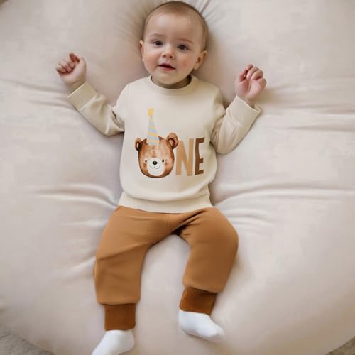 Frietlebird First Birthday Outfit Boy 1st Birthday Outfit Boy Beary First Long Sleeve Bear Print Sweatshirt Pants Cake Smash Clothes (B-Beige Brown,12-18 Months) - Image 3