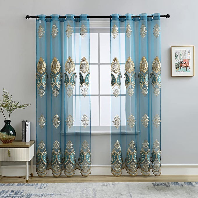 LUXURY EMBROIDERED SHEER CURTAINS FOR LIVING ROOM PEACOCK BLUE TULLE CURTAINS FOR BEDROOM TRANSPARENT YARN CURTAINGROMMET TOP52 W X 84 L2 PANELS