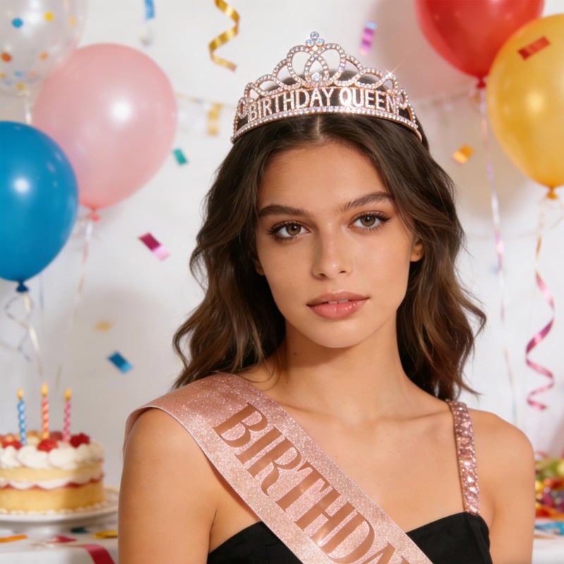 CAVETEE Rose Gold Birthday Crowns & Sash - Queen Tiara for Party Decorations - Image 4