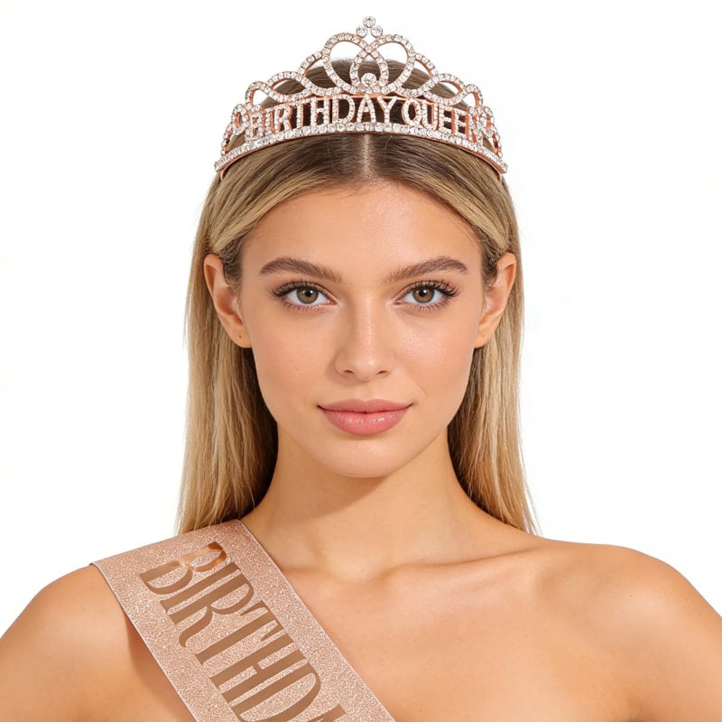 CAVETEE Rose Gold Birthday Crowns & Sash - Queen Tiara for Party Decorations - Image 2