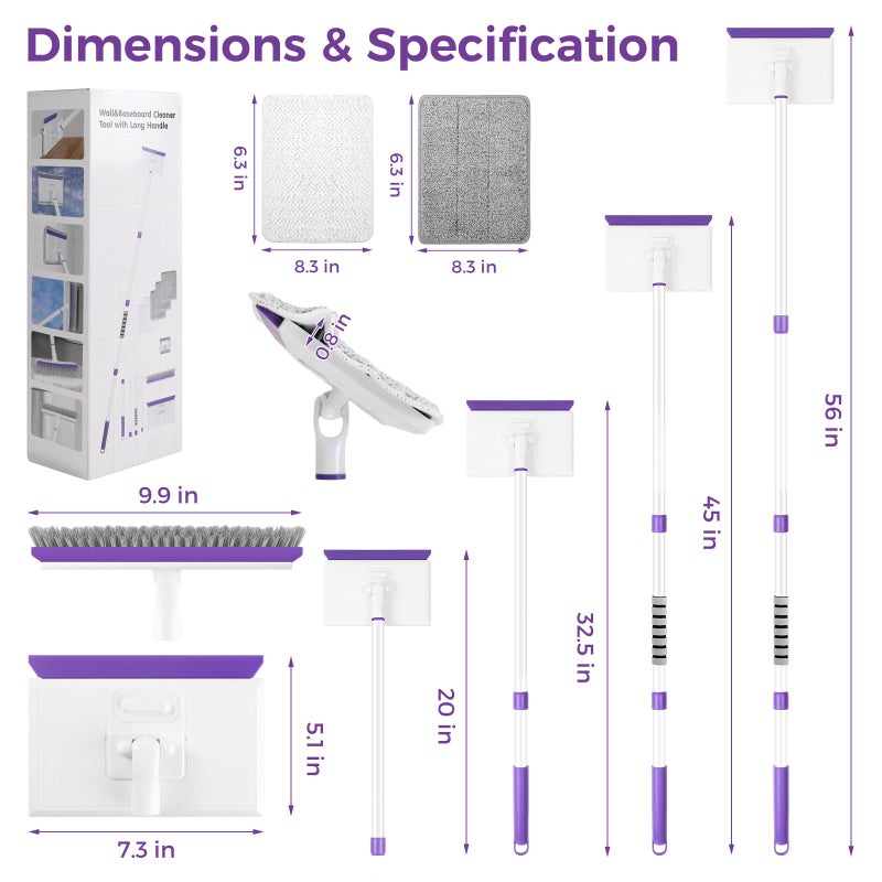 wlich Baseboard Cleaner Tool with Handle 2.0, 60" Extendable Long Handle, Dust Trapping and Locking, 5 Reusable Pads, Purple Base Boards Cleaning Tool for Moldings, Wall, Floor, Bathroom, Kitchen - Image 2
