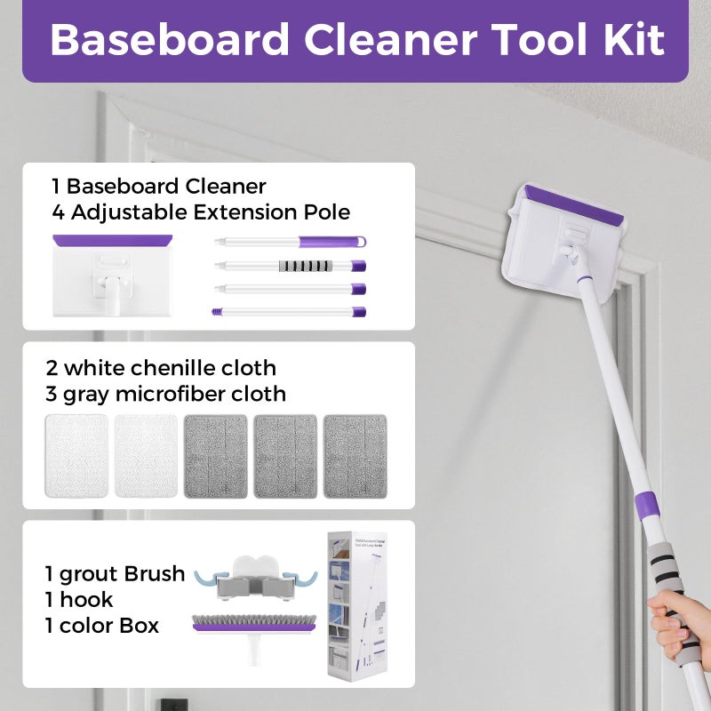 wlich Baseboard Cleaner Tool with Handle 2.0, 60" Extendable Long Handle, Dust Trapping and Locking, 5 Reusable Pads, Purple Base Boards Cleaning Tool for Moldings, Wall, Floor, Bathroom, Kitchen - Image 3