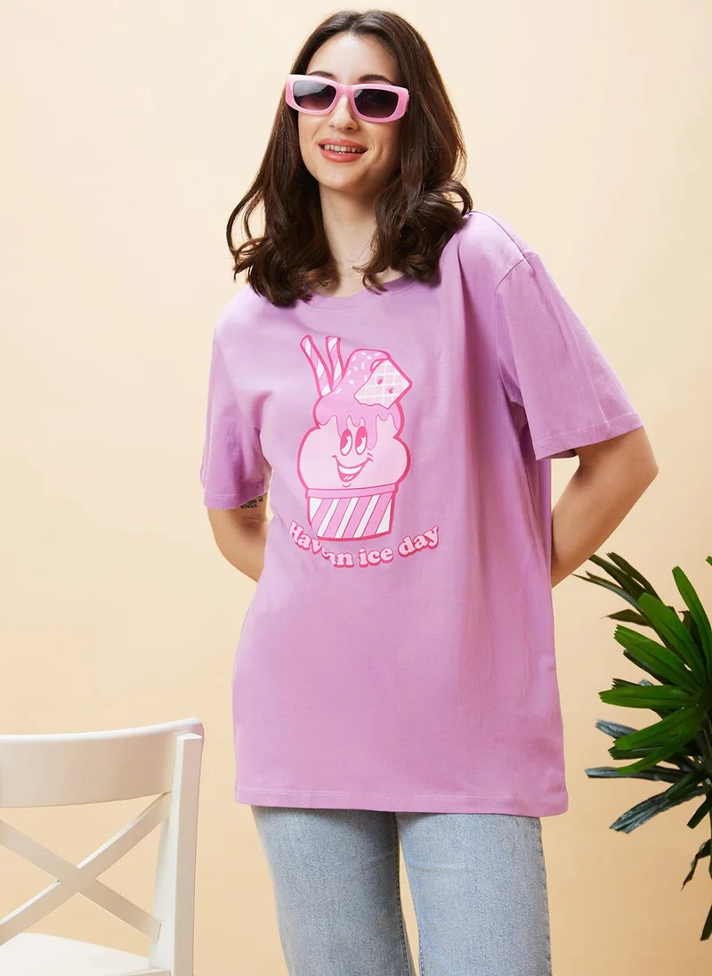 globus Globus Women Conversational Printed Pure Cotton Oversized T-Shirt