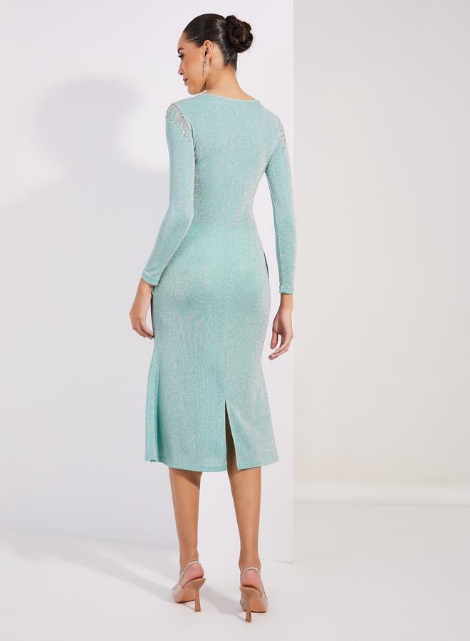 Styli Shimmer Look Embellished Bodycon Midi Dress  - Image 4