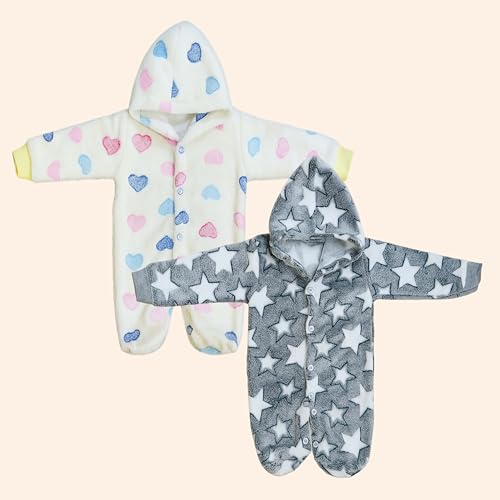 Infantbond By Fareto Winter Hooded Romper for Newborn Baby (0–4 Months) | Super Soft Fleece | Front Open Design | Full Body Coverage | Unisex Warm Jumpsuit (Pack of 1) - Image 2