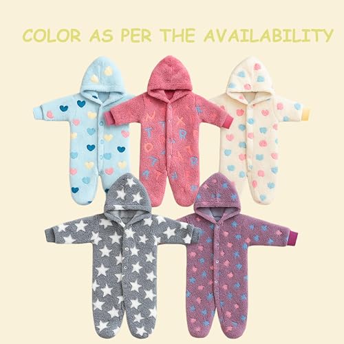 Infantbond By Fareto Winter Hooded Romper for Newborn Baby (0–4 Months) | Super Soft Fleece | Front Open Design | Full Body Coverage | Unisex Warm Jumpsuit (Pack of 1) - Image 4