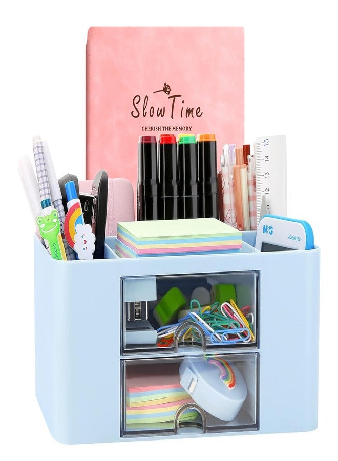 Wlevzzor Creative & Simple Desk Organiser, 7 Grids, Plastic Table Organiser with Drawer, Multifunctional Desk Organiser, Pen Holder for School, Office, Home (Blue) - Image 1