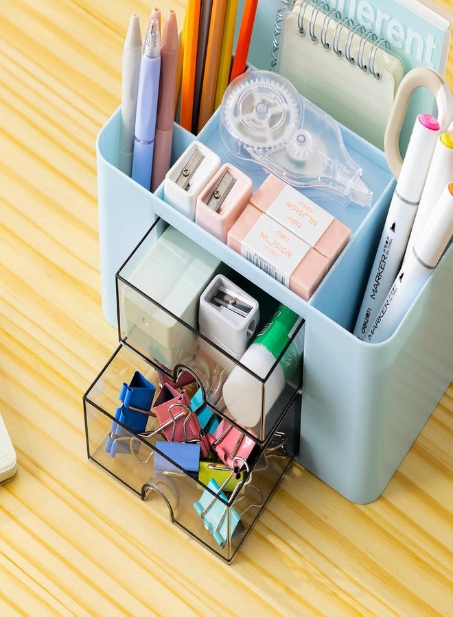 Wlevzzor Creative & Simple Desk Organiser, 7 Grids, Plastic Table Organiser with Drawer, Multifunctional Desk Organiser, Pen Holder for School, Office, Home (Blue) - Image 2