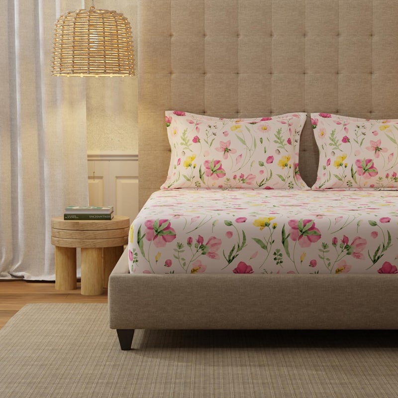 Urban Space أوربان سبيس سيرين 200 TC 100 قطن ملاءات سرير مطاطية بحجم كينغ مع 2 غطاء وسادة بحجم كينغ ملاءة سرير ميدوز روز بينك بحجم 72 × 78 بوصة - Image 1