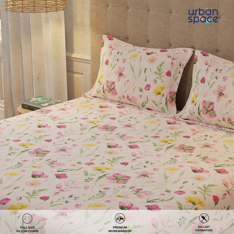 Urban Space أوربان سبيس سيرين 200 TC 100 قطن ملاءات سرير مطاطية بحجم كينغ مع 2 غطاء وسادة بحجم كينغ ملاءة سرير ميدوز روز بينك بحجم 72 × 78 بوصة - Image 4