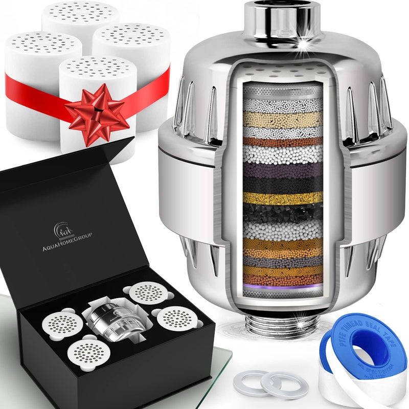 فلتر رأس الدش من AquaHomeGroup للمياه العسرة 20 مرحلة 5 خراطيش استبدال يزيل الكلور والفلورايد والمواد الكيميائية الأخرى فيتامين C و E و A فلتر دش لبشرة متألقة وشعر