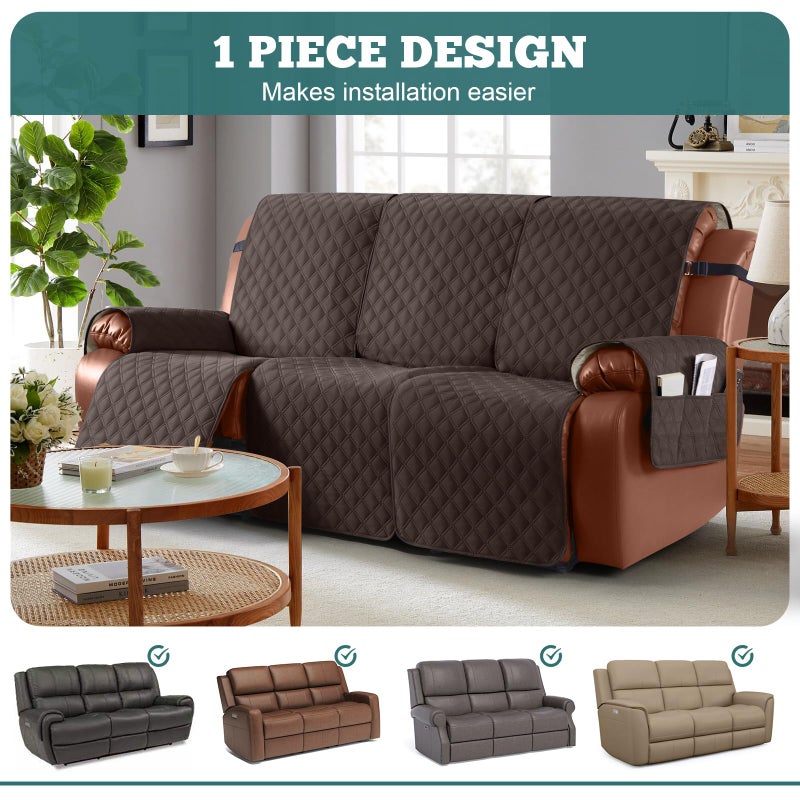Ruaozz Waterproof Recliner Sofa Covers, Couch Covers for Reclining Couches 1-Piece Reclining Couch Cover Washable Furniture Protector with Elastic Straps Pocket for Kids Pets (Chocolate, 3 Seater) - Image 3