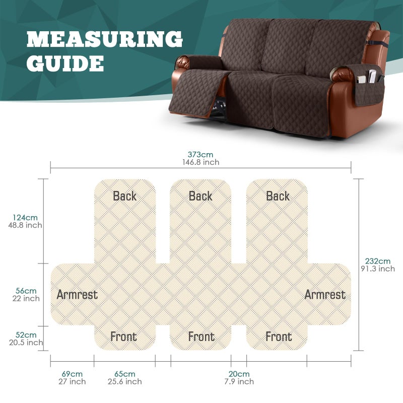 Ruaozz Waterproof Recliner Sofa Covers, Couch Covers for Reclining Couches 1-Piece Reclining Couch Cover Washable Furniture Protector with Elastic Straps Pocket for Kids Pets (Chocolate, 3 Seater) - Image 2