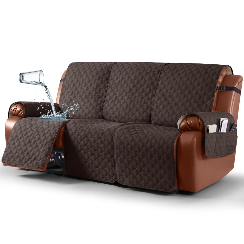 Ruaozz Waterproof Recliner Sofa Covers, Couch Covers for Reclining Couches 1-Piece Reclining Couch Cover Washable Furniture Protector with Elastic Straps Pocket for Kids Pets (Chocolate, 3 Seater) - Image 1