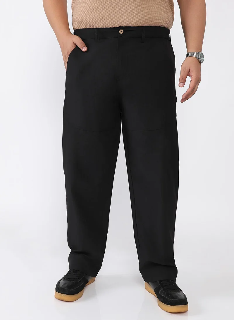Instafab Plus Men Panelled Straight-Fit Trousers | Mid-Rise , Side Elasticated Stretch | Button Closure , Straight Hem | Solid Relaxed-Fit | Woven Fabric For Casual & Daily Wear | Onyx Black