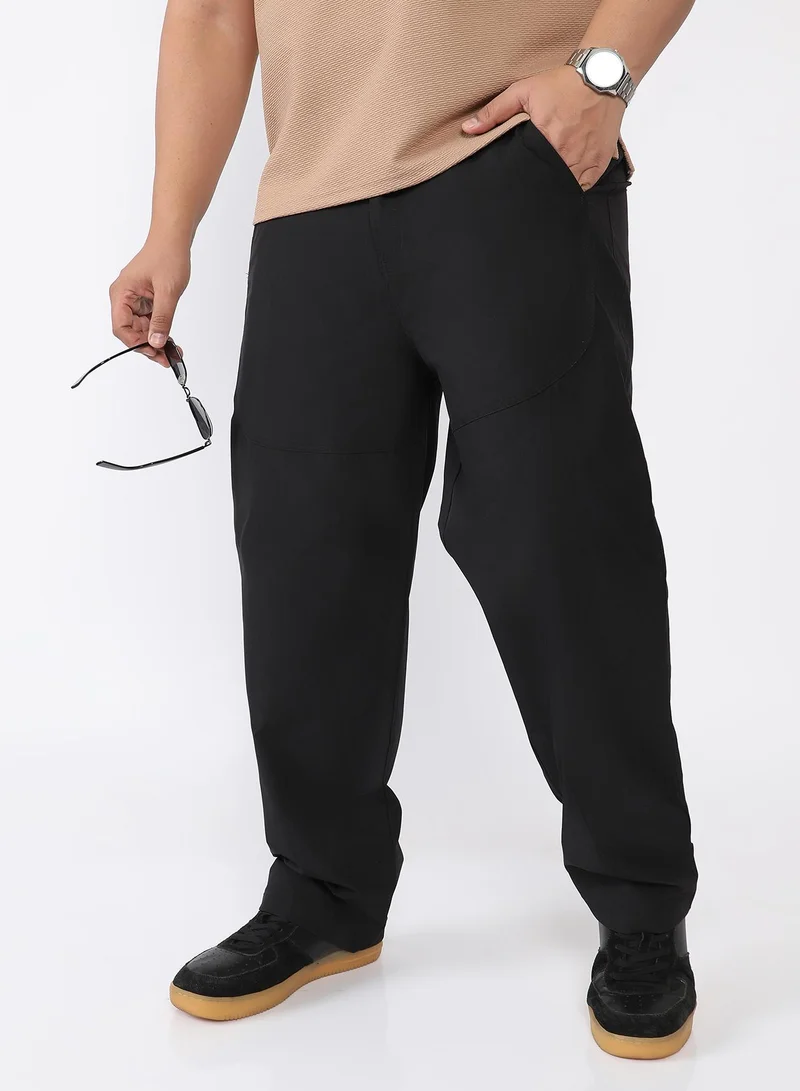 Instafab Plus Men Panelled Straight-Fit Trousers | Mid-Rise , Side Elasticated Stretch | Button Closure , Straight Hem | Solid Relaxed-Fit | Woven Fabric For Casual & Daily Wear | Onyx Black