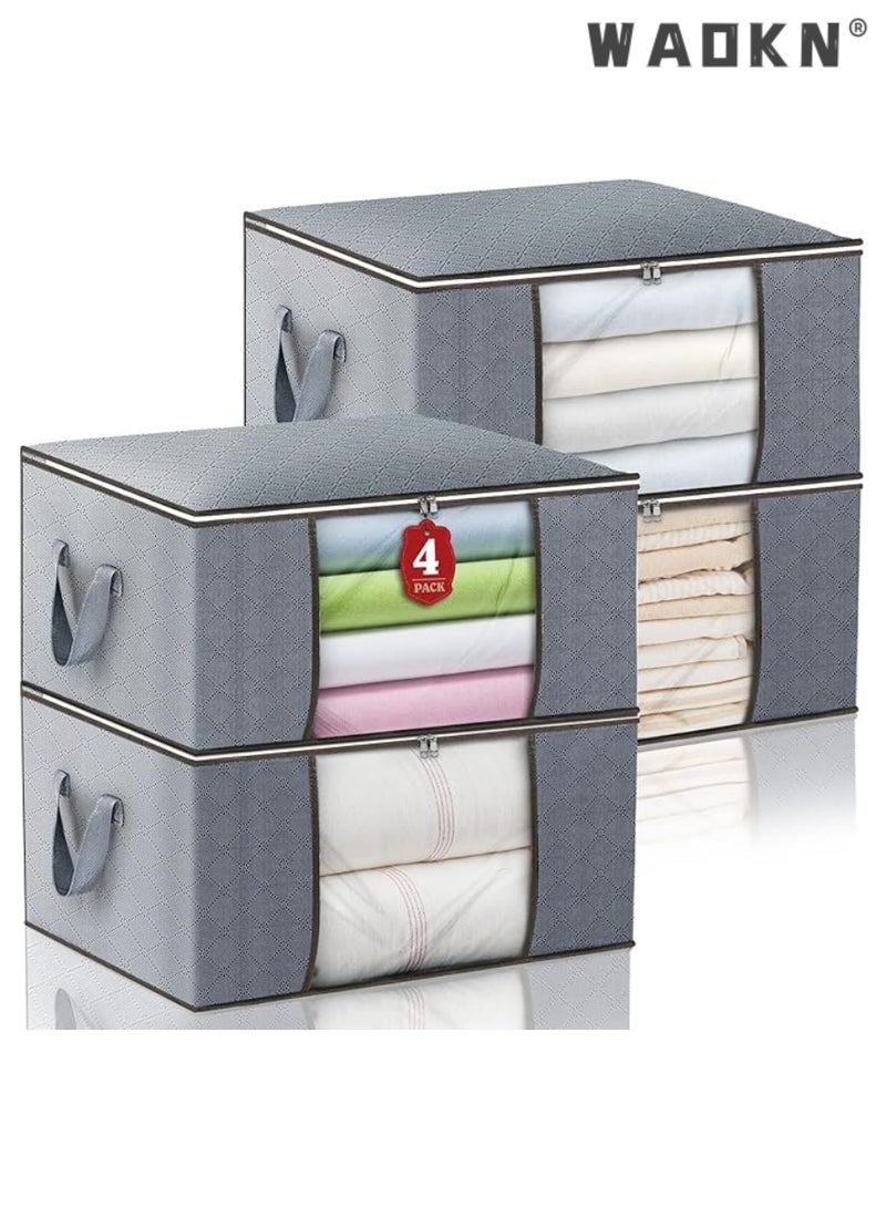 دبليو أيه أو كي أن 4 عبوات من أكياس تخزين كبيرة السعة، 90 لترًا من أكياس تخزين الملابس القابلة للطي والمنظم بمقبض مقوى من القماش السميك للأغطية والملابس والبطانيات والفراش، 60 × 40 سم، رمادي - Image 1