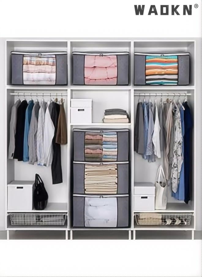 دبليو أيه أو كي أن 4 عبوات من أكياس تخزين كبيرة السعة، 90 لترًا من أكياس تخزين الملابس القابلة للطي والمنظم بمقبض مقوى من القماش السميك للأغطية والملابس والبطانيات والفراش، 60 × 40 سم، رمادي - Image 4