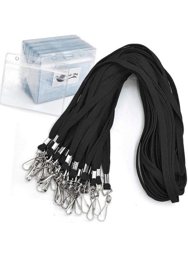 Bird Fiy Name Tags Lanyard Badge Holder Pairs (Set Of 50, Black): Woven Round Lanyard & Horizontal Sealable Waterproof Clear Plastic Id Card Name  - Image 1