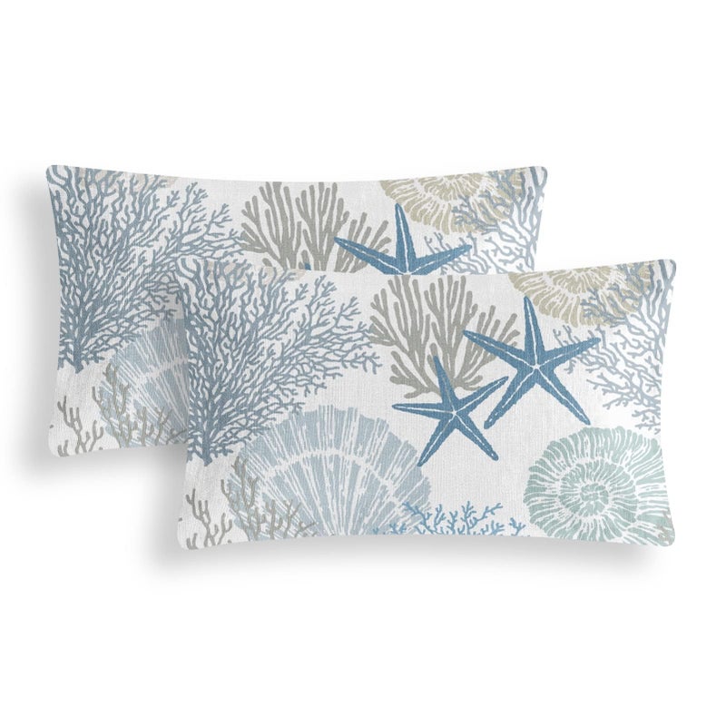 Tritard Nautical Coastal Throw Pillow Covers 12x20 Inches Set of 2 Beach Themed Ocean Seashell Coral Starfish Velvet Couch Lumbar Pillow Cover Outdoor Sofa Cushion Cover for Bedroom Living Room Blue