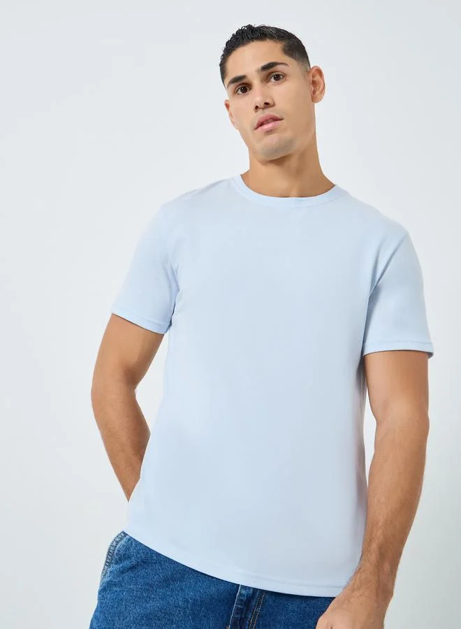 Styli Men Light Blue Crew Neck Cotton Blend T-Shirt